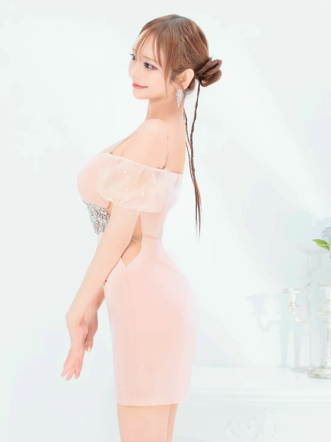 キャバドレス Angel R セクシー バストカット ビジュー 半袖 くびれ透け オフショルダー タイトミニドレス