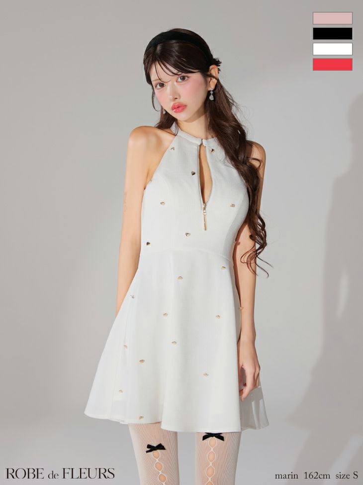 キャバドレス ブランド オープンバスト ホルターネック ハートスタッズ ジップデザイン ガーリー フレアミニドレス