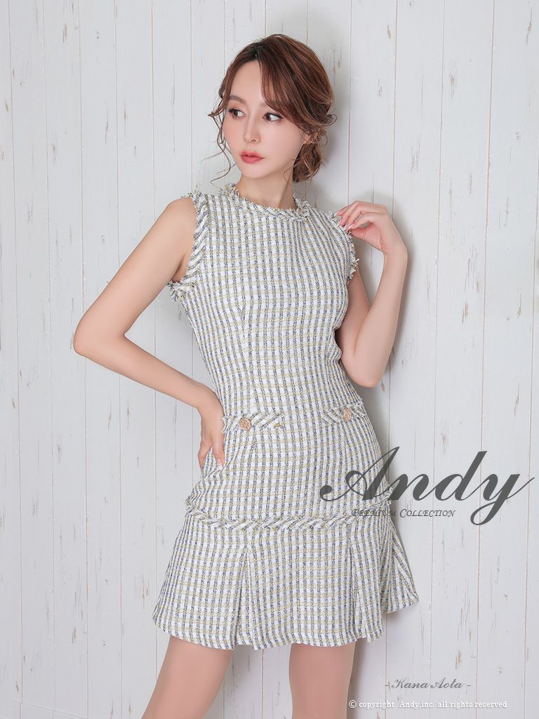 キャバドレス フレアミニドレス Andy アンディ ツイード チェック柄 ノースリーブ 飾りポケット 飾りボタン フレアミニドレス