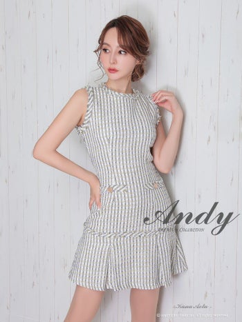 キャバドレス フレアミニドレス Andy アンディ ツイード チェック柄 ノースリーブ 飾りポケット 飾りボタン フレアミニドレス