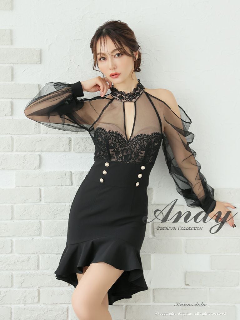 キャバドレス フレアミニドレス Andy アンディ  長袖 飾りボタン シースルー 肩あき