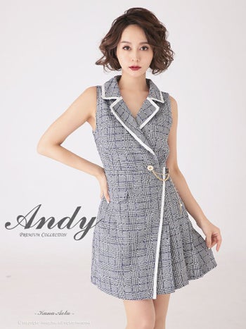 キャバドレス ミニドレス Andy アンディ チェック柄 ジャケット風 パイピング チェーン Aライン プリーツ ノースリーブ フレアミニドレス