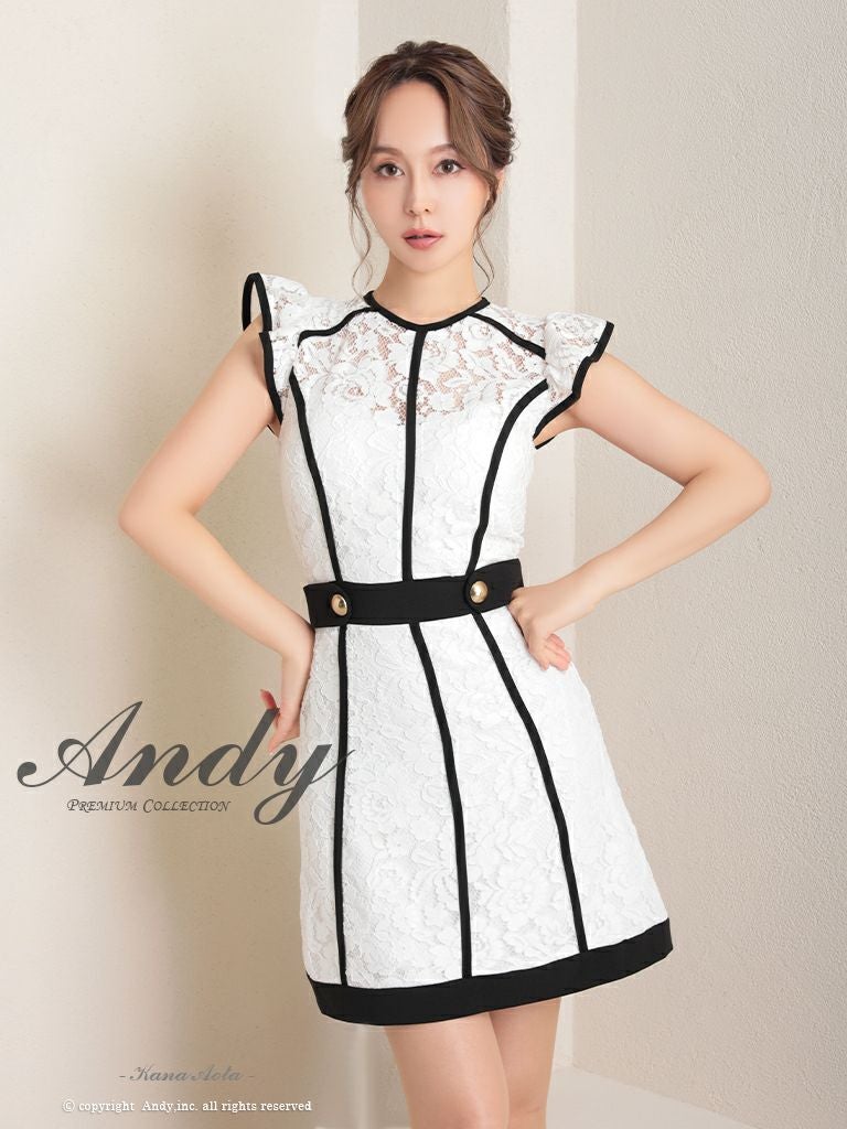 キャバドレス ミニドレス Andy アンディ 花柄 レース パイピング 金ボタン フリル袖 Aライン ノースリーブ フレアミニドレス