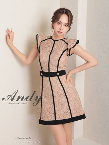キャバドレス ミニドレス Andy アンディ レース 花柄 パイピング 金ボタン フリル袖 Aライン ノースリーブ フレアミニドレス