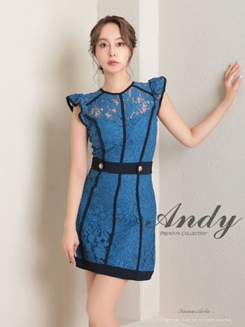 キャバドレス ミニドレス Andy アンディ パイピング 金ボタン 花柄 レース フリル袖 Aライン ノースリーブ フレアミニドレス