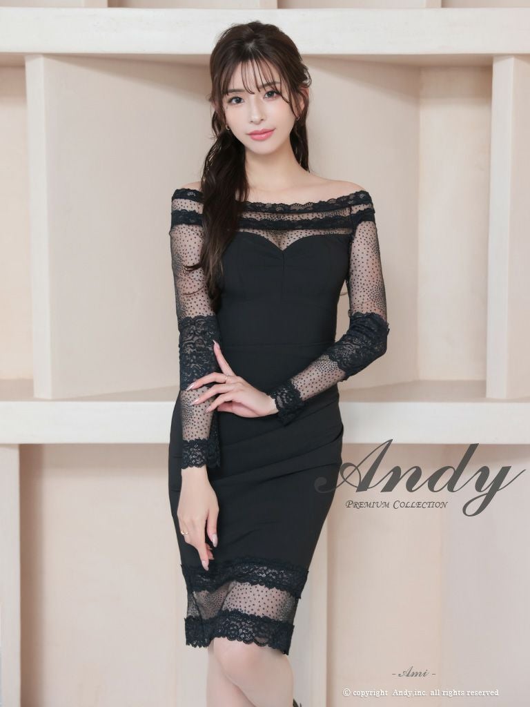 キャバドレス ミディアムドレス Andy アンディ ドット柄 ワンカラー 花柄 シアー オフショルダー 長袖 膝丈ドレス