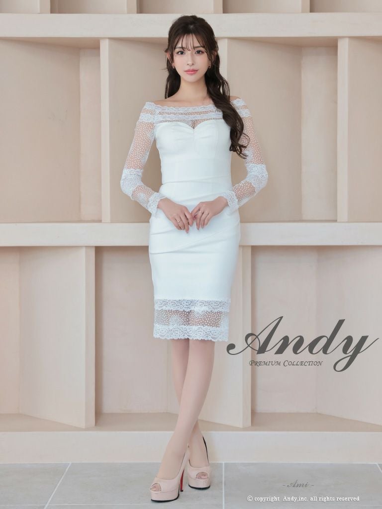 Andy ホワイト・ドット キャバドレス Andy/アンディ】ドット柄 ワンカラー 花柄 シアー オフショルダー 長袖