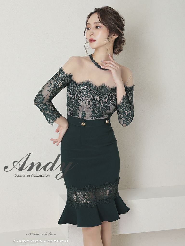 キャバドレス ミディアムドレス Andy アンディ マーメイド ワンカラー 花柄 チョーカー風 シアー 金ボタン オフショル風 袖あり 膝丈ドレス