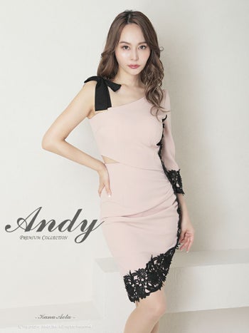 キャバドレス ミニドレス Andy アンディ ツートン アシンメトリー フラワーレース リボン 袖あり ワンショルダー タイトミニドレス