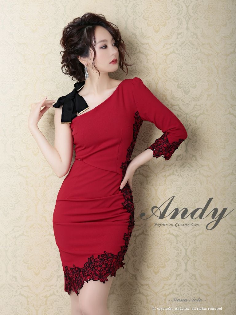 キャバドレス ミニドレス Andy アンディ アシンメトリー フラワーレース ツートン リボン 袖あり ワンショルダー タイトミニドレス