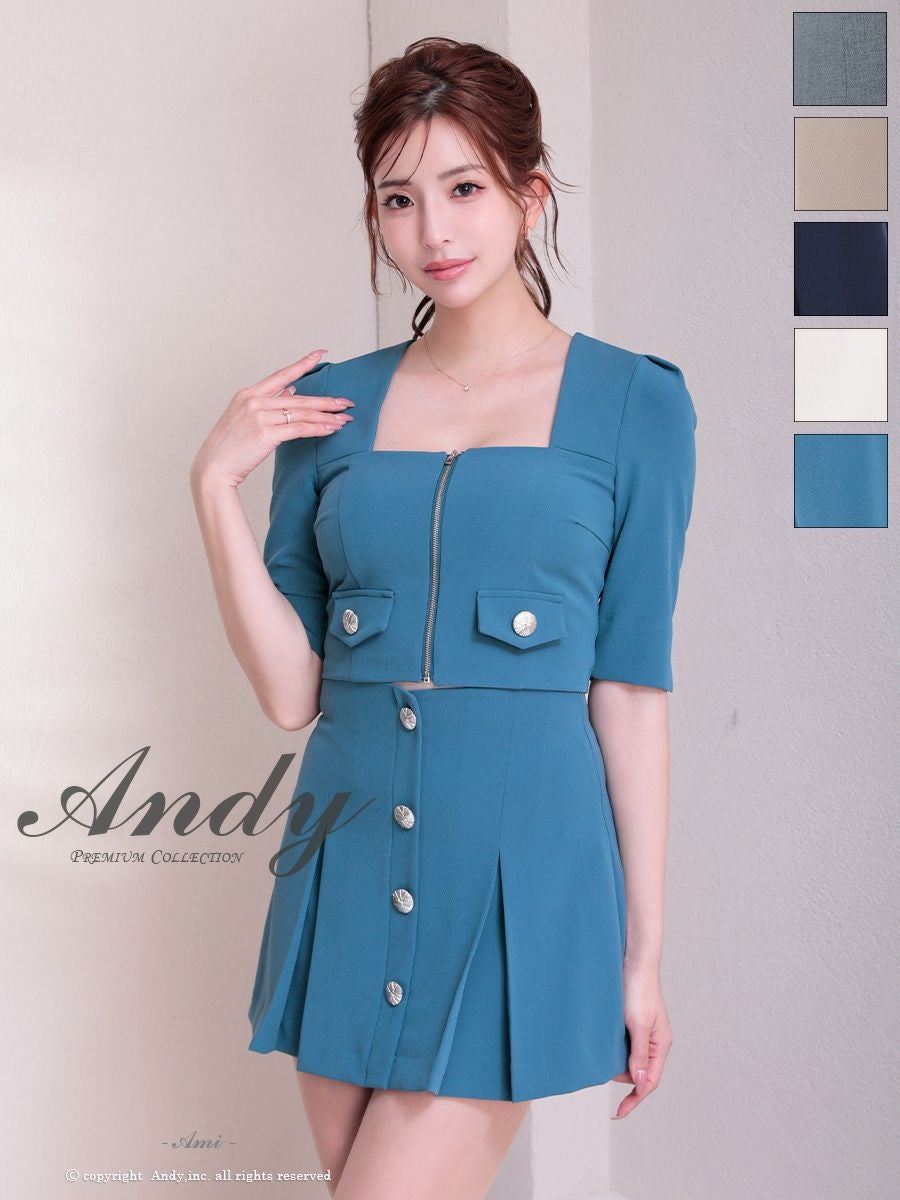キャバドレス フレアミニドレス Andy アンディ 袖あり セットアップ スクエアネック ジップデザイン 飾りボタン 飾りポケット