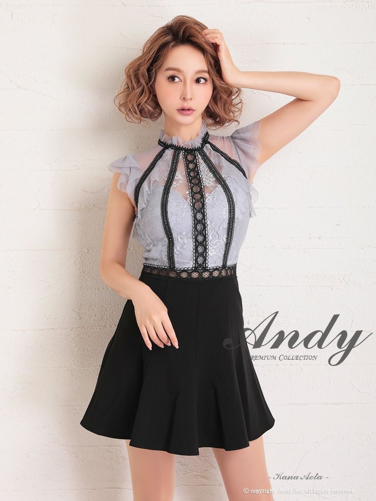 キャバドレス ミニドレス Andy アンディ 花柄 バイカラー レース ノースリーブ Aライン フリル フレアミニドレス