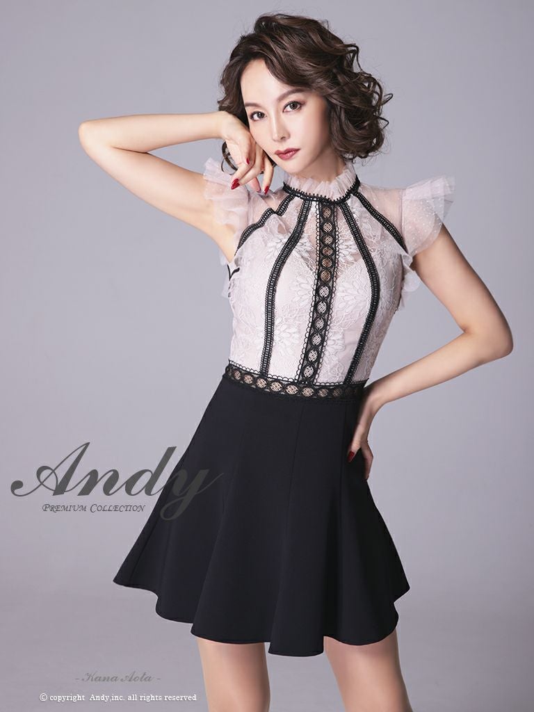 キャバドレス ミニドレス Andy アンディ レース ノースリーブ Aライン フリル 花柄 バイカラー フレアミニドレス