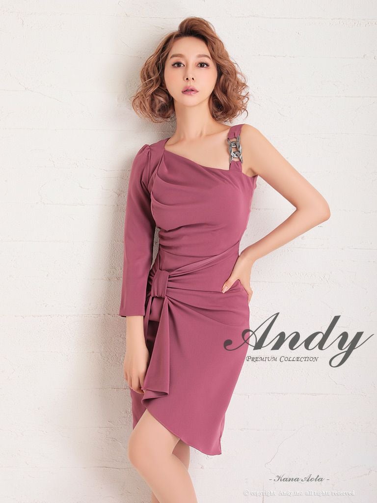 キャバドレス ミニドレス Andy アンディ ワンカラー アシンメトリー チェーンバックル リボン風 袖あり ワンショルダー タイトミニドレス