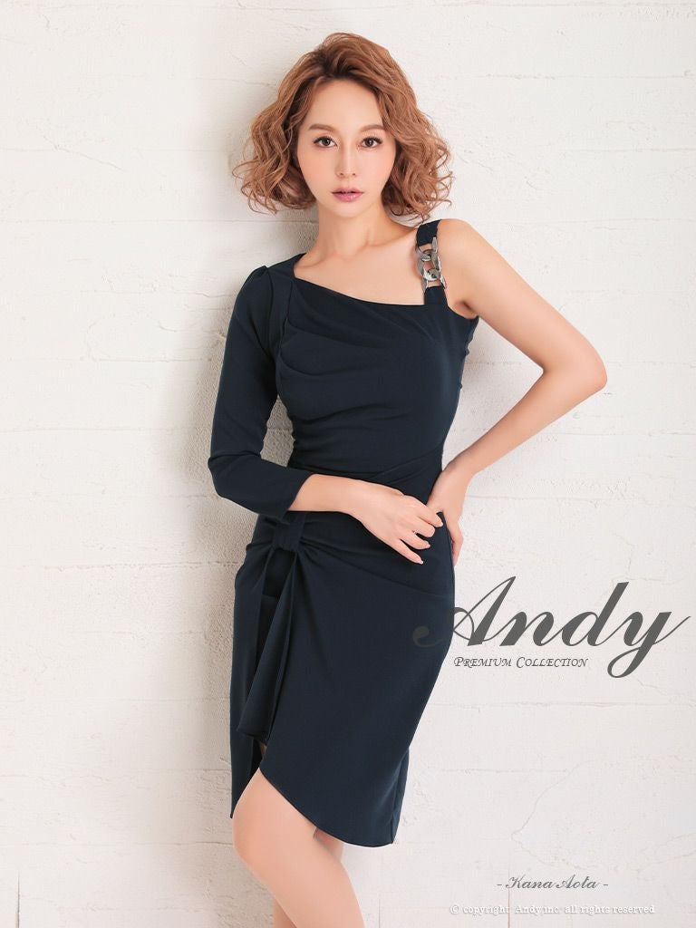 キャバドレス ミニドレス Andy アンディ チェーンバックル ワンカラー アシンメトリー リボン風 袖あり ワンショルダー タイトミニドレス