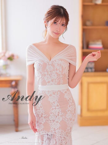 キャバドレス ミディアムドレス Andy アンディ オフショルダー ワンカラー フラワーレース テールカット リボン シアー マーメイド 膝丈ドレス