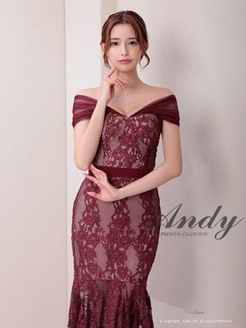 キャバドレス ミディアムドレス Andy アンディ ワンカラー フラワーレース テールカット リボン シアー マーメイド オフショルダー 膝丈ドレス