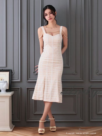 キャバドレス ミディアムドレス Andy アンディ チェック柄 レース チェーン フリル ノースリーブ タイトロングドレス