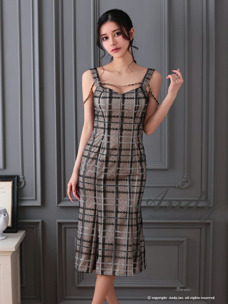 キャバドレス ミディアムドレス Andy アンディ チェーン フリル ノースリーブ チェック柄 レース タイトロングドレス