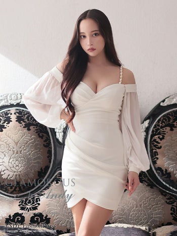 キャバドレス ミニドレス GLAMOROUS グラマラス ワンカラー 肩あき チェーン ストレッチ 長袖 タイトミニドレス