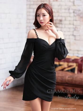 キャバドレス ミニドレス GLAMOROUS グラマラス チェーン ストレッチ 長袖 ワンカラー 肩あき タイトミニドレス