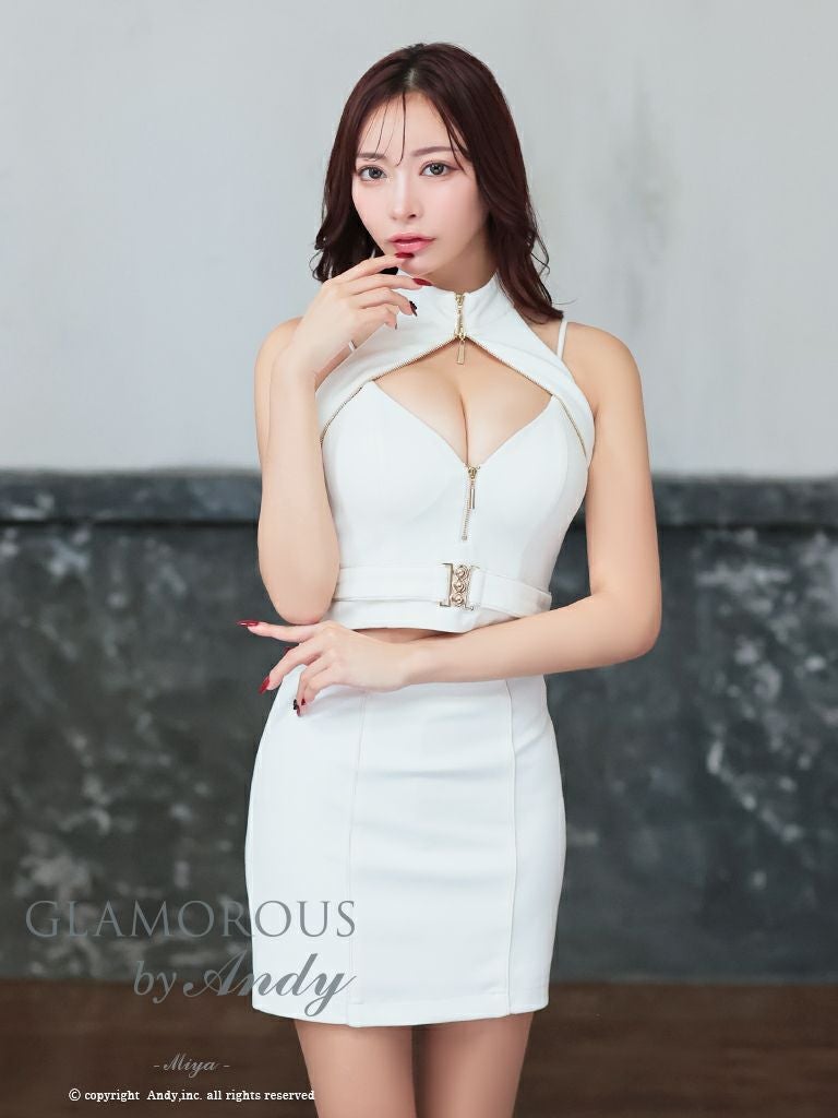 キャバドレス GLAMOROUS グラマラス キャミソール ジップデザイン バックル ストレッチ ベルト カットアウト ワンカラー セットアップ ホルターネック タイトミニドレス