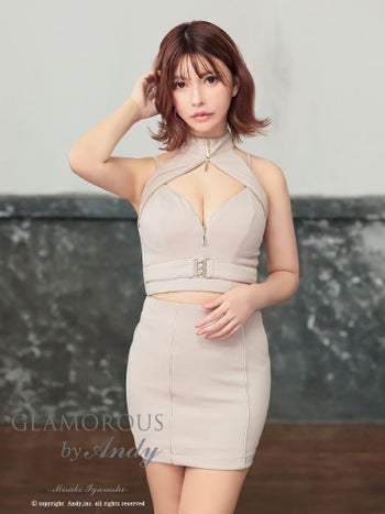 キャバドレス ミニドレス GLAMOROUS グラマラス セットアップ ホルターネック キャミソール ジップデザイン バックル ストレッチ ベルト カットアウト ワンカラー タイトミニドレス