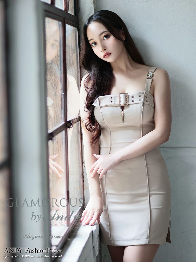 キャバドレス ミニドレス GLAMOROUS グラマラス ワンカラー ノースリーブ ジップデザイン ベルト バックル スリット タイトミニドレス
