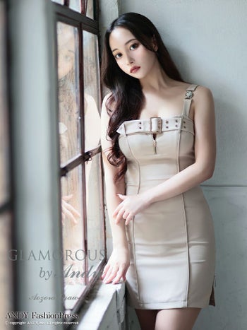 キャバドレス ミニドレス GLAMOROUS グラマラス ワンカラー ノースリーブ ジップデザイン ベルト バックル スリット タイトミニドレス