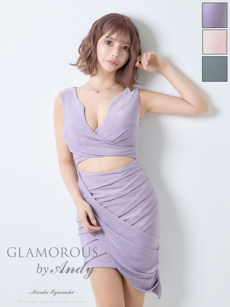 キャバドレス ミニドレス GLAMOROUS グラマラス ワンカラー アシンメトリー ラメ シンプル カットアウト タック ノースリーブ タイトミニドレス