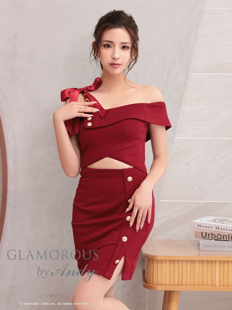 キャバドレス ミニドレス GLAMOROUS グラマラス ワンカラー リボン オフショルダー スリット カットアウト チェーン ワンショルダー タイトミニドレス