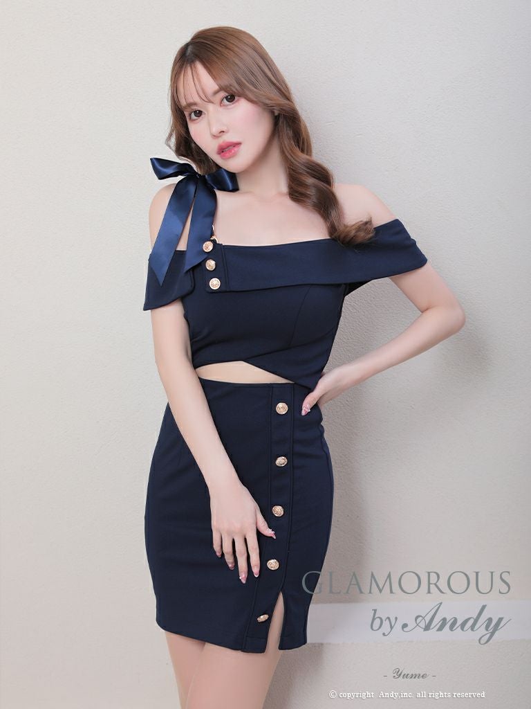 キャバドレス ミニドレス GLAMOROUS グラマラス リボン ワンカラー オフショルダー スリット カットアウト チェーン ワンショルダー タイトミニドレス