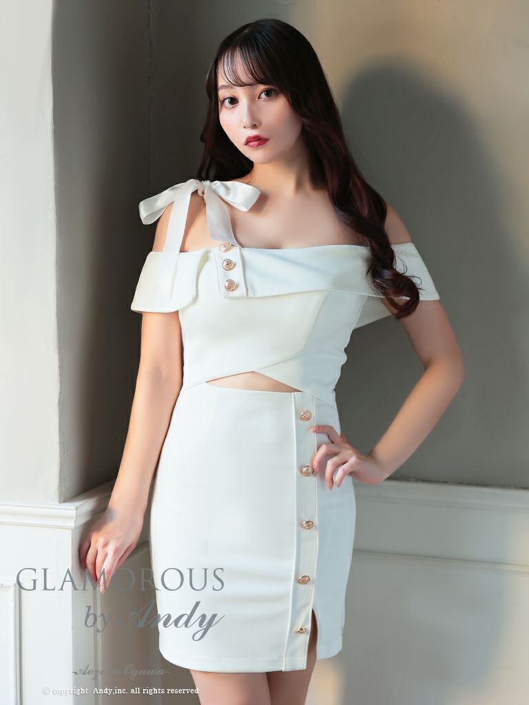 キャバドレス ミニドレス GLAMOROUS グラマラス オフショルダー ワンカラー リボン スリット カットアウト チェーン ワンショルダー タイトミニドレス