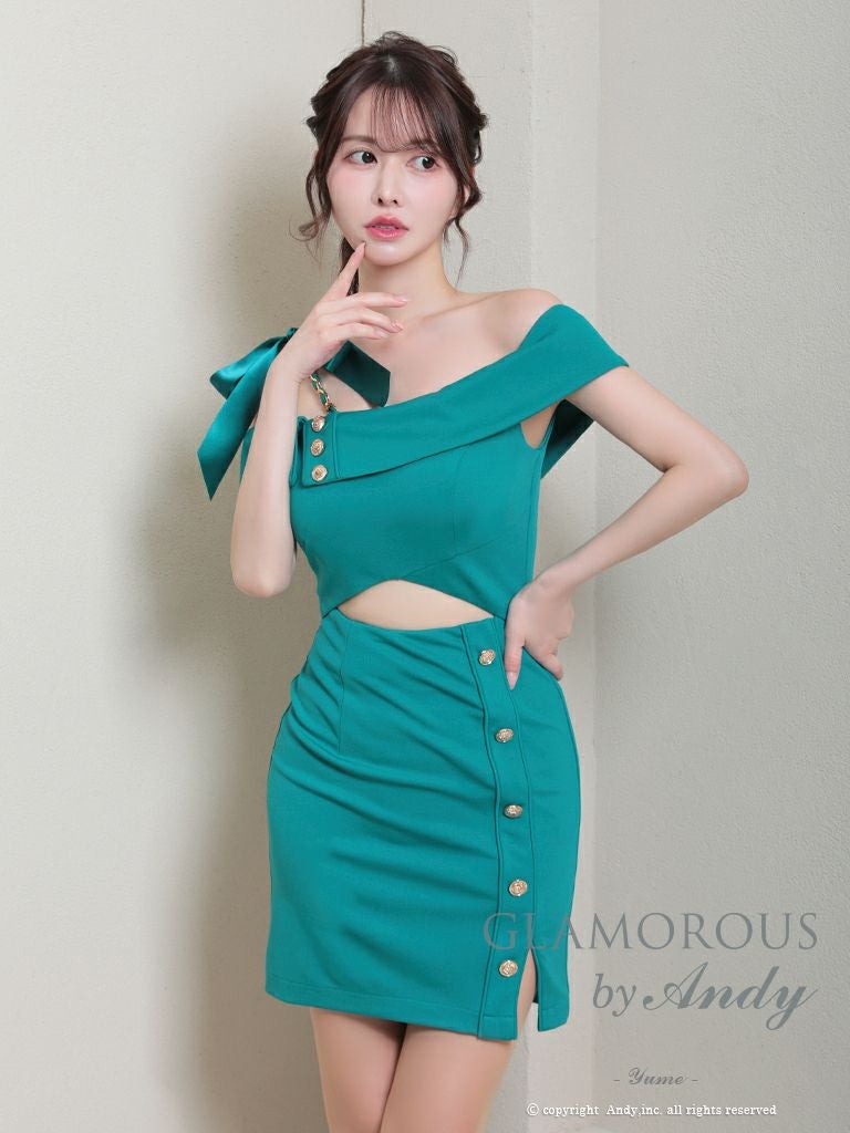 キャバドレス ミニドレス GLAMOROUS グラマラス オフショルダー リボン スリット ワンカラー カットアウト チェーン ワンショルダー タイトミニドレス