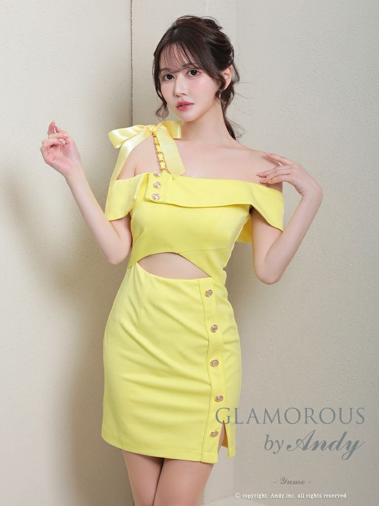 キャバドレス ミニドレス GLAMOROUS グラマラス スリット リボン オフショルダー ワンカラー カットアウト チェーン ワンショルダー タイトミニドレス