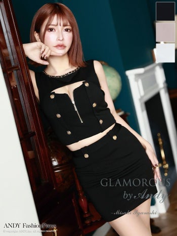 キャバドレス ミニドレス GLAMOROUS グラマラス ワンカラー ジップデザイン セットアップ チェーン ボタン ノースリーブ タイトミニドレス