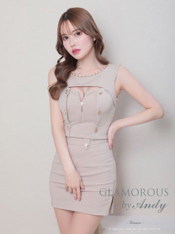 キャバドレス ミニドレス GLAMOROUS グラマラス セットアップ ワンカラー ジップデザイン チェーン ボタン ノースリーブ タイトミニドレス