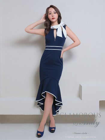 キャバドレス ロングテールドレス GLAMOROUS グラマラス ジップデザイン リボン バイカラー ノースリーブ カットデザイン