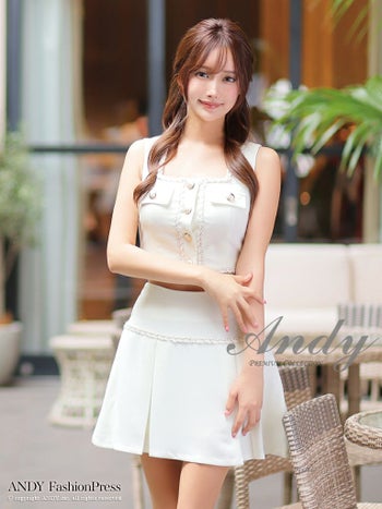 キャバドレス ミニドレス Andy アンディ ツイード ボックスプリーツ フレア ボタン セットアップ ノースリーブ フレアミニドレス