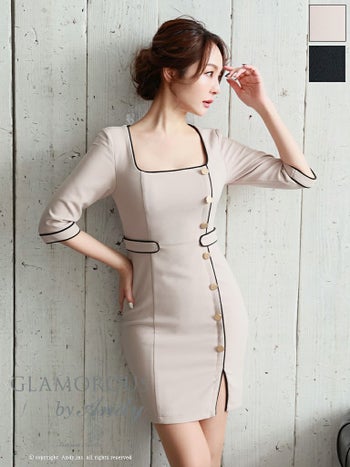 キャバドレス タイトミニドレス GLAMOROUS グラマラス 袖あり 飾りボタン スリット スクエアネック