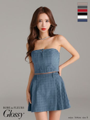 キャバドレス ブランド チェック柄 セットアップ プリーツ セクシー オープンバスト ベアデザイン フレアミニドレス