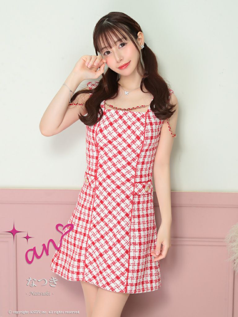 キャバドレス フレアミニドレス an アン チェック柄 ノースリーブ チェーン 飾りボタン ウエストマーク Aライン