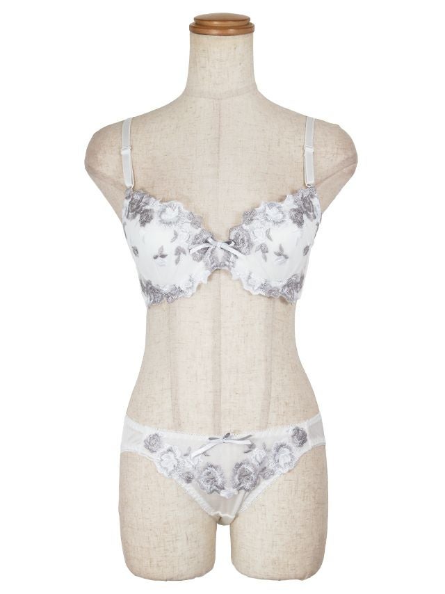 勝負下着 ローズ刺繍 シルバー ブラジャー＆ショーツ 2点セット