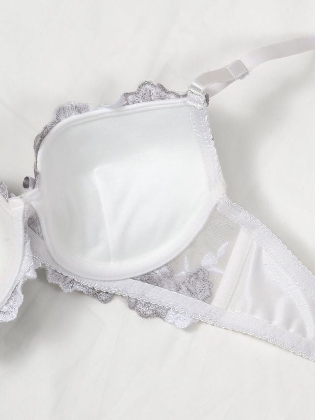 勝負下着 ローズ刺繍 シルバー ブラジャー＆ショーツ 2点セット