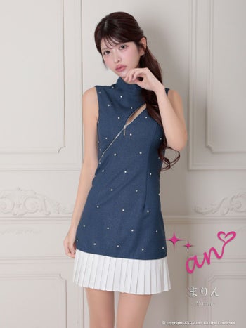 キャバドレス フレアミニドレス an アン ビジュー ジップデザイン プリーツ オフネック Aライン ノースリーブ