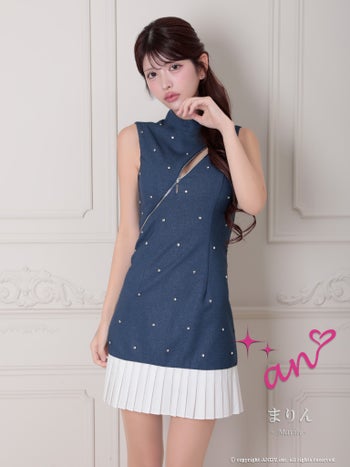 キャバドレス an ジップデザイン ノースリーブ ドット柄 プリーツ フレアミニドレス