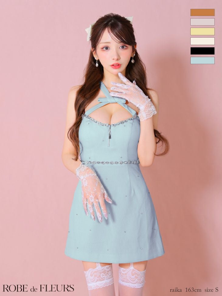 キャバドレス ブランド リボン ビジュー ガーリー オープンバスト ジップデザイン ホルターネック フレアミニドレス