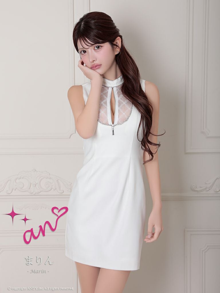 キャバドレス タイトミニドレス an アン ジップデザイン ビジュー レース ノースリーブ 背中開き