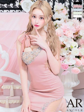 キャバドレス Angel R ビッグリボン アシンメトリー ガーリー くびれ透け ビジュー タイトミニドレス