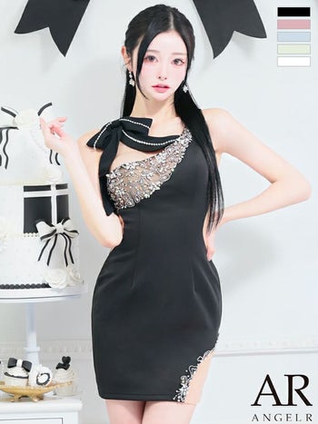 キャバドレス Angel R ビジュー ビッグリボン アシンメトリー くびれ透け ガーリー タイトミニドレス 